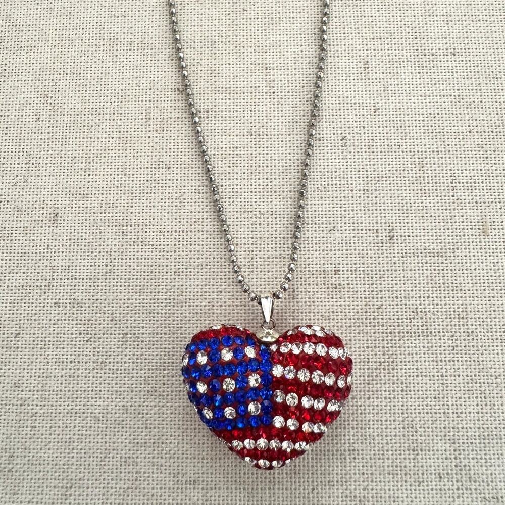 Patriotic American Flag Crystal Puffy Heart Pendant Necklace NWOT
